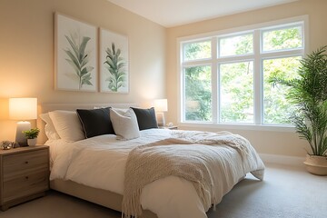 Fototapeta premium cozy bedroom with light beige tones and clean design