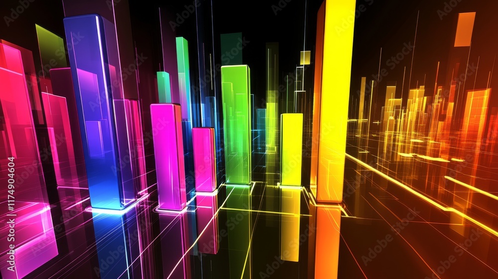 Poster a d bar graph with bright, glossy bars in multiple colors, representing financial data with an abstr
