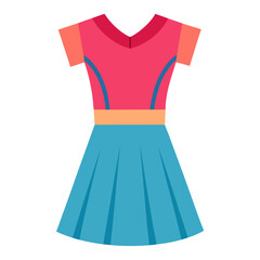 Colorful Dress with Pink Top and Blue Skirt, Vector illustration of a vibrant dress featuring a pink top, pleated blue skirt, and orange waistband, ideal for modern fashion themes. 
