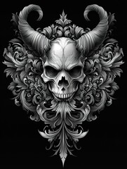 Fototapeta premium Horned skull with ornate floral filigree on black background for apparel design.
