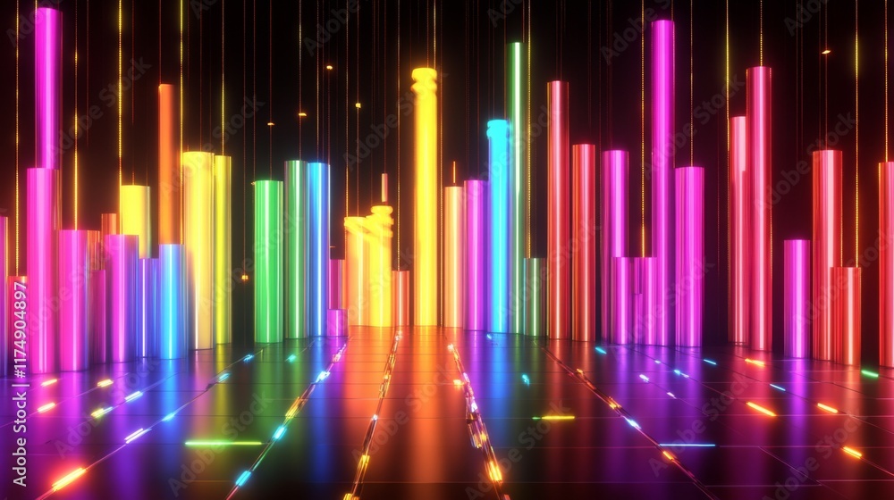 Leinwandbilder a d financial bar chart with sharp, colorful bars in an upward trend, surrounded by glowing lights a