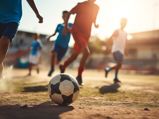 Fototapeta premium Boys kicking a football on a sports field captured with abstract blur showing dynamic energy