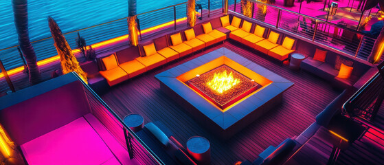 Obraz premium Cozy empty pool deck with fire pit and seating under soft lighting at sunset