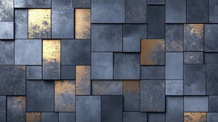 Abstract Wall of Interlocking Tiles in Blue and Gold
