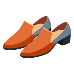 Orange and Gray Loafers with Black Heels, Vector illustration of stylish loafers featuring an orange and gray two-tone design with low black heels, perfect for modern outfits.  
