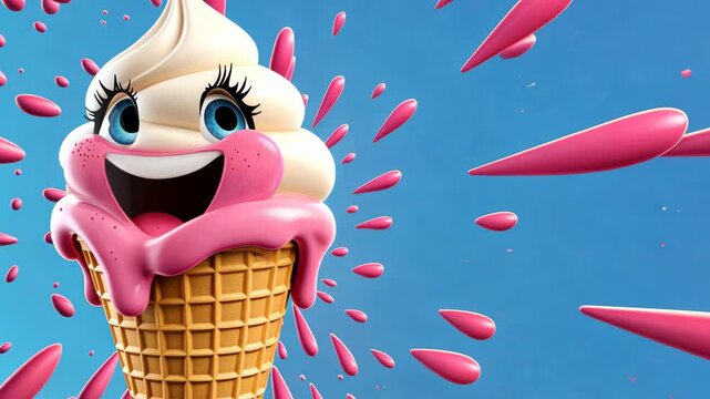 Cartoon ice cream cone with pink frosting and blue background. The ice cream cone is smiling and has pink frosting dripping from it