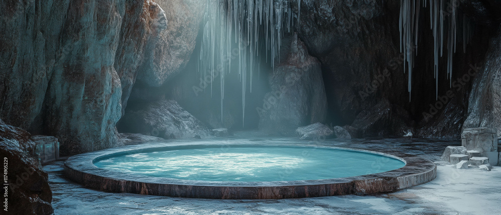 Aufkleber empty backdrop pool in a cave-like setting with stalactites creating a mystical atmosphere