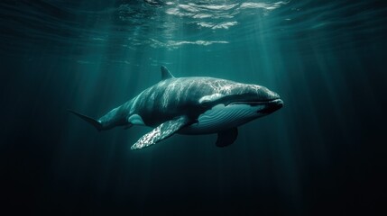 A majestic whale swimming gracefully in deep, illuminated ocean waters.