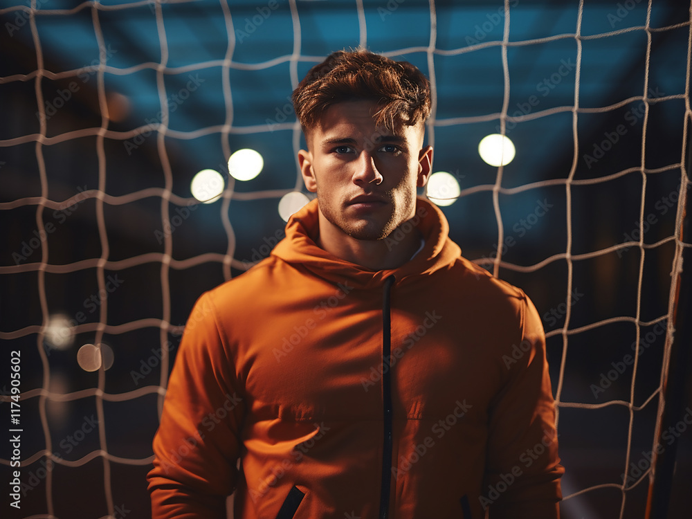 Poster football player standing in front of the goal with net in a blurry stadium background