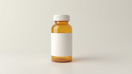 Empty amber prescription bottle with a white label on a minimalist background, ideal for healthcare, pharmacy, or medical themes in stock imagery. 