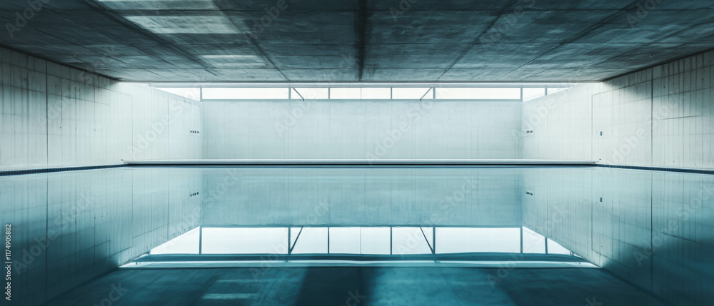 Poster Empty backdrop pool with a transparent bottom viewed from beneath in a light-filled space