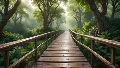 Obraz premium Wooden bridge pathway leading through a vibrant green forest canopy, walkway, forest, green, wood bridge, vertical