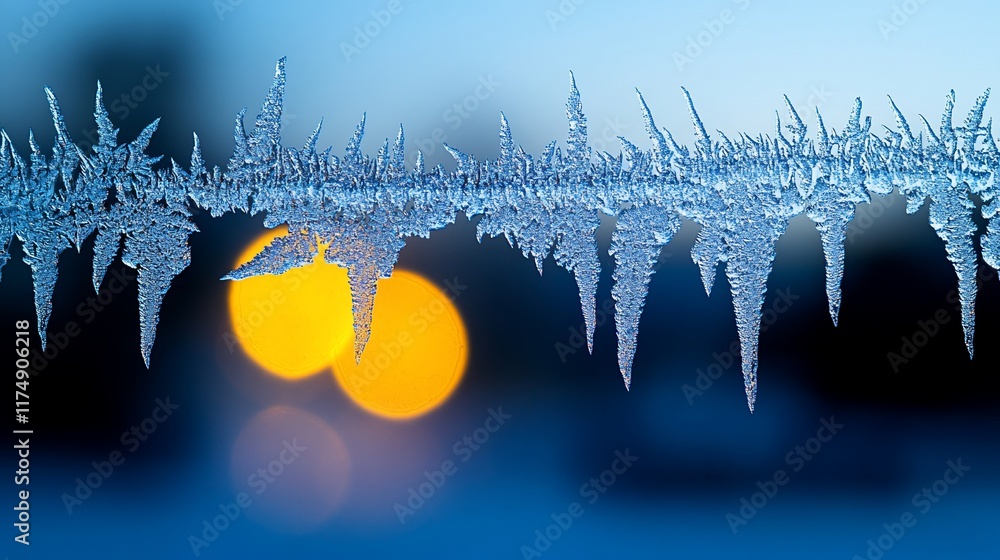 Poster intricate frost patterns on a cold surface with blurred lights in the background.