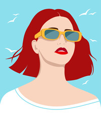 1533_Beautiful redhead woman wearing fashionable sunglasses and white dress