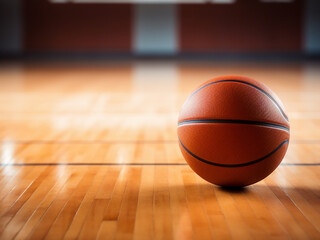 A basketball resting on the court floor as a symbol of sports and recreation