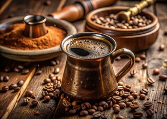 Ibrik Coffee Pot, Traditional Turkish Coffee Brewing, High-Resolution Stock Photo