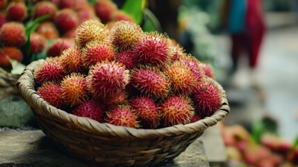 Fototapeta premium A juicy rambutan rests in a shallow basket, its spiky skin standing out.