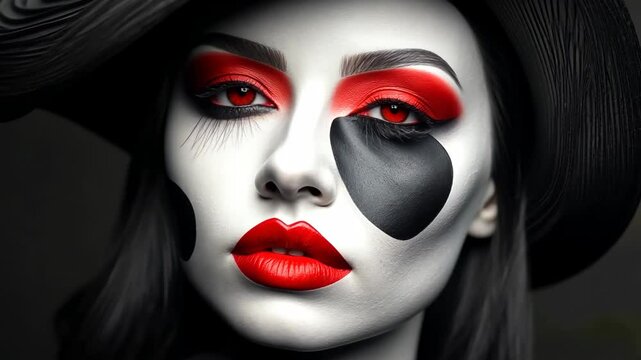 Woman with a black hat and red lipstick is the main focus of the image. The hat is positioned on her head, covering a significant portion of her face. The lipstick is bold and vibrant