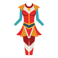 Elegant red and gold fantasy costume illustration, Vector illustration of a detailed fantasy costume in red, gold, and white with teal sleeves, featuring a layered skirt and bold design.  
