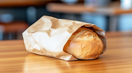 Freshly baked bread loaf in brown paper bag on wooden table