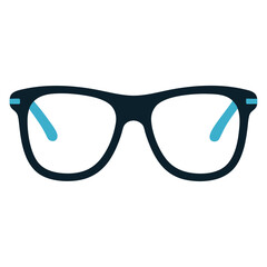 Fototapeta premium Minimalist black eyeglasses illustration, Vector illustration of a pair of black eyeglasses with blue inner temples, isolated on a white background for design use. 