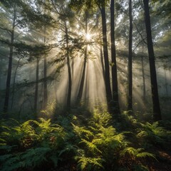 Obraz premium A foggy forest morning with sunlight creating golden beams through the canopy.