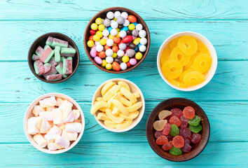 Mix of colorful candies . Top view