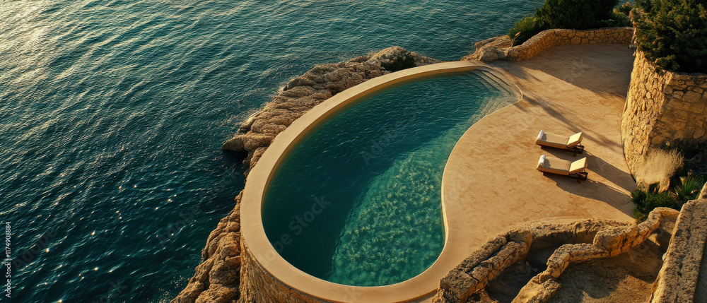 Aufkleber hyper-realistic view of an empty saltwater pool with sandy beach entry captured from above