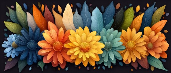 Fototapeta premium Vibrant Autumn Floral Arrangement Colorful Flowers and Leaves Design