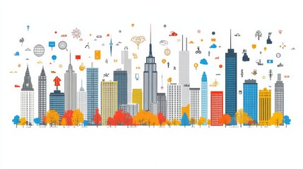 Obraz premium Festive Cityscape A vibrant illustration of a stylized city skyline with celebratory confetti