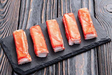 Crab sticks from fish surimi photography . Top view © whitestorm