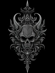 Ornate skull with horns, dark background, gothic design for apparel.