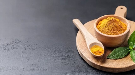 Fototapeta premium Turmeric powder in wooden bowl with fresh mint leaves on black background