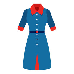 Blue Dress with Red Collar and Belt, Flat vector illustration of a blue long-sleeved dress featuring a red collar, cuffs, and belt, with button details, perfect for formal wear.  
