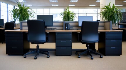 Office workspace setup modern office interior design corporate environment wide angle productivity focus