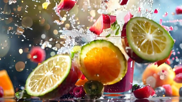Cocktail with fruits and flying splashes on a multicolored background