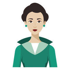 Elegant Woman in Green Formal Attire, Flat vector illustration of a poised woman wearing a green outfit with a high collar and earrings, ideal for professional designs.
