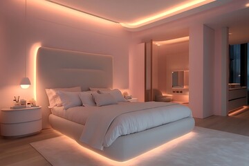 stylish bedroom with sleek lines and soft pastel colors