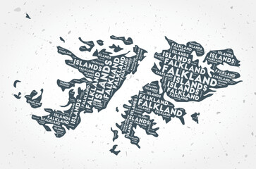 Falkland Islands regions word clouds. Country shape on textured background. Falkland Islands design in typographic style. Creative vector illustration.