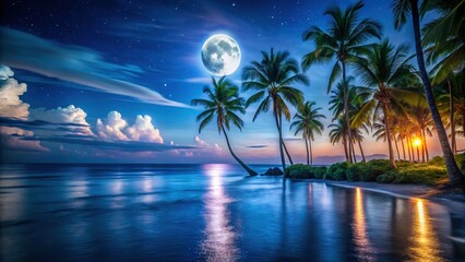 Long Exposure: Moonlit Ocean, Palm Trees, Tropical Paradise