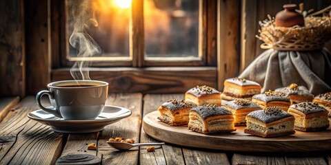Naklejka premium Aromatic Coffee and Sweet Treats by a Rustic Window at Golden Hour