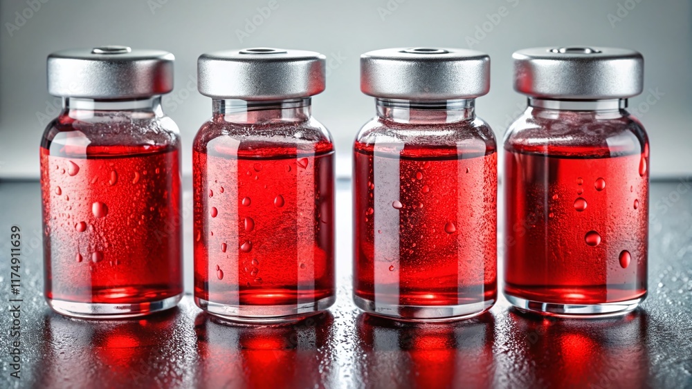 Poster macro shot: realistic translucent covid vaccine bottles with red caps
