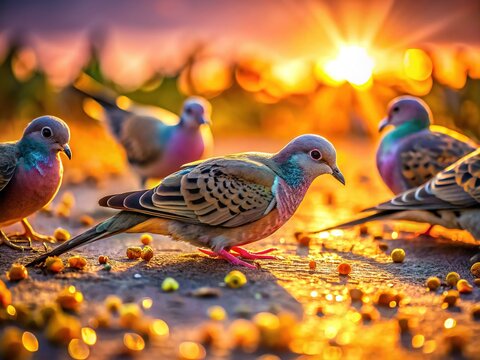 Long Exposure Photography: Ground Doves Feeding on Seeds at Dawn