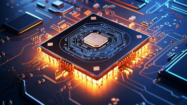 Central Processing Unit: High-tech close-up of a powerful CPU, glowing with warm light on a circuit board.  A detailed image perfect for tech and engineering projects. 