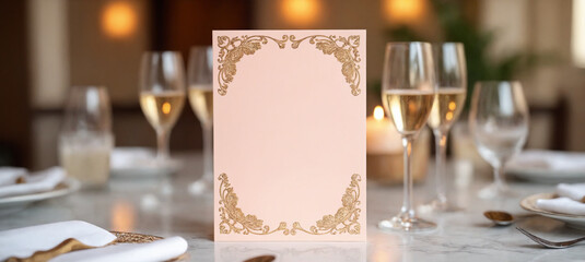 Pink card with gold details on elegant dinner table, Bachelorette