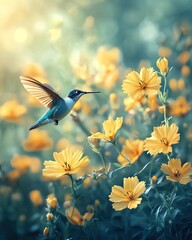 Fototapeta premium A hummingbird hovering near vibrant yellow flowers in a serene, blurred background.