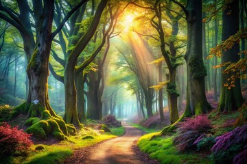 Obraz premium Magical Forest Path: Enchanting Woodscape with Copy Space for Fantasy Designs