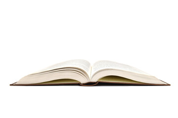 Open brown hardcover thick book isolated on white. Concept idea or template with empty space for your text.