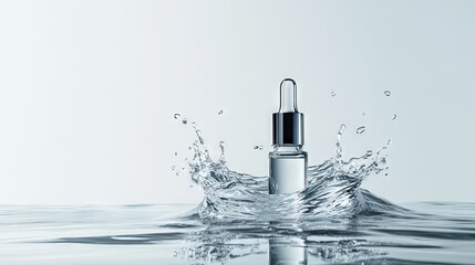A refreshing skincare concept: a sleek serum bottle emerges from a clear water splash.