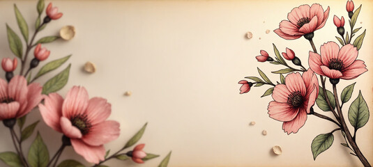 Hand-drawn pink flowers on vintage beige background, Bachelorette